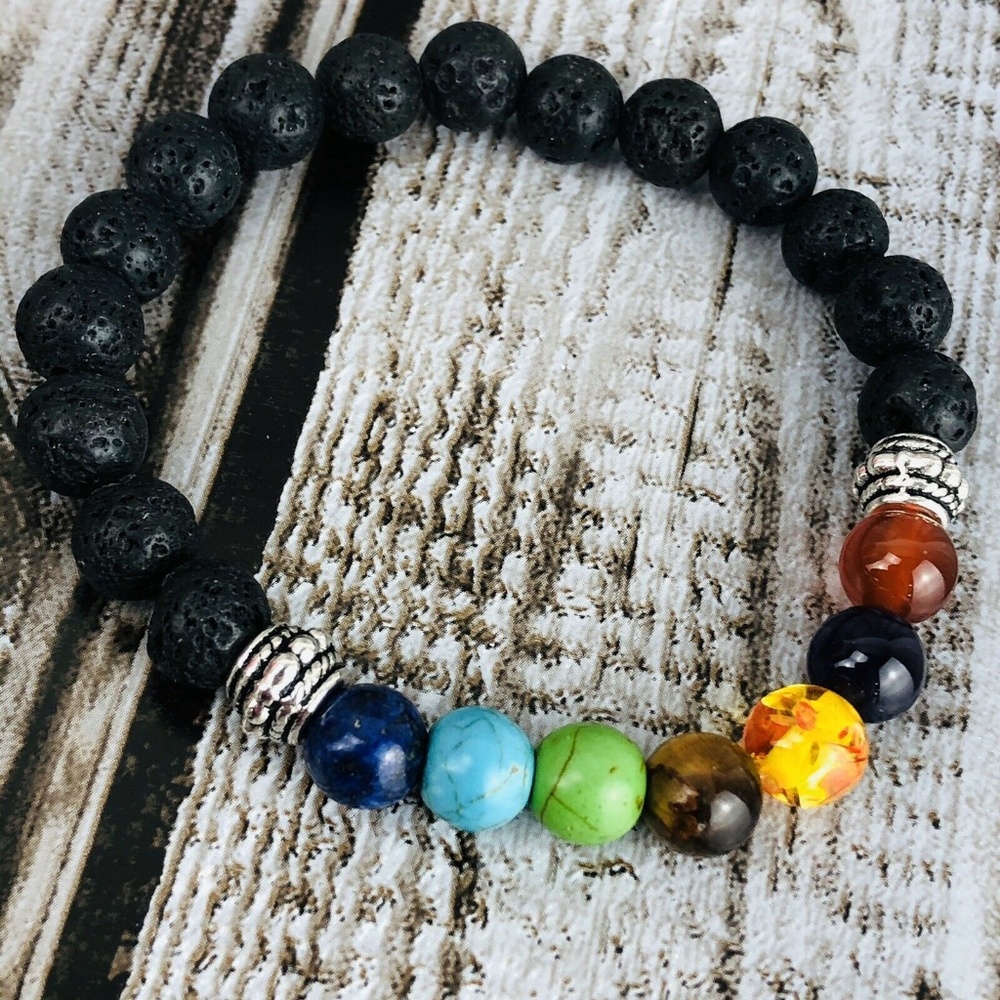 Black Lava Stone 7 Chakra Gemstone Bead Bracelet